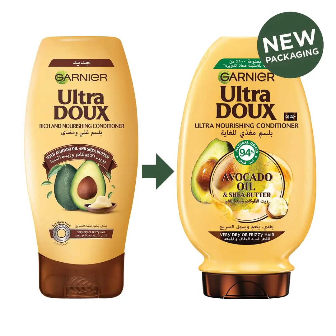Garnier Ultra Doux avocado and shea butter shampoo and conditioner set deeply nourishes very dry, frizzy hair for a soft, shiny, and frizz-free result.
