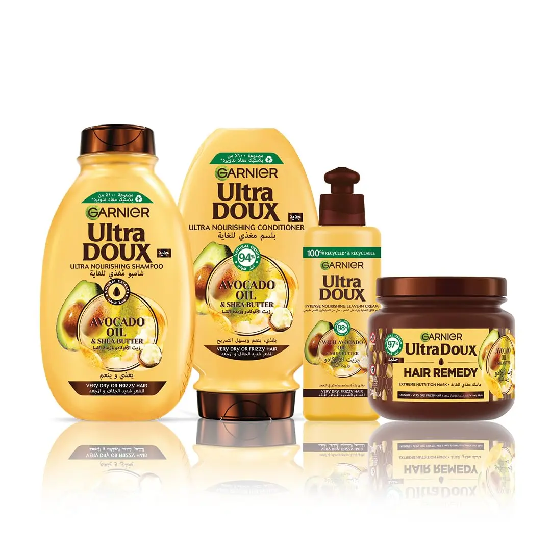 Garnier Ultra Doux avocado and shea butter shampoo and conditioner set deeply nourishes very dry, frizzy hair for a soft, shiny, and frizz-free result.