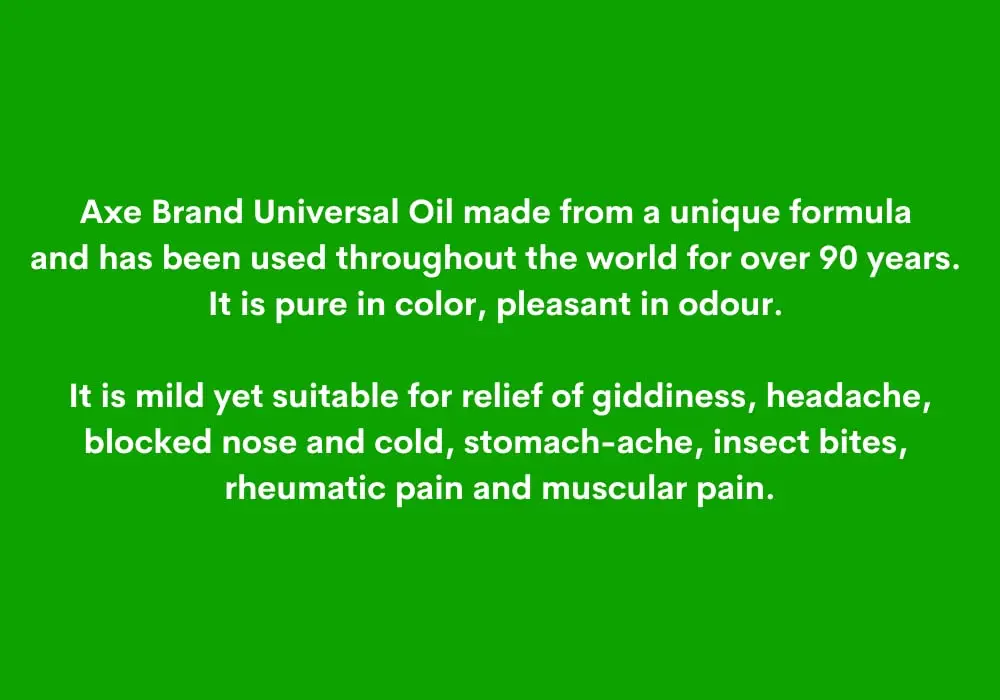 A 3ML bottle of Axe Universal Oil from Singapore provides cold and pain relief.