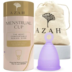 Azah large size menstrual cup made with medical-grade silicone for women over 30, offering odor and rash-free protection for up to 10 hours.