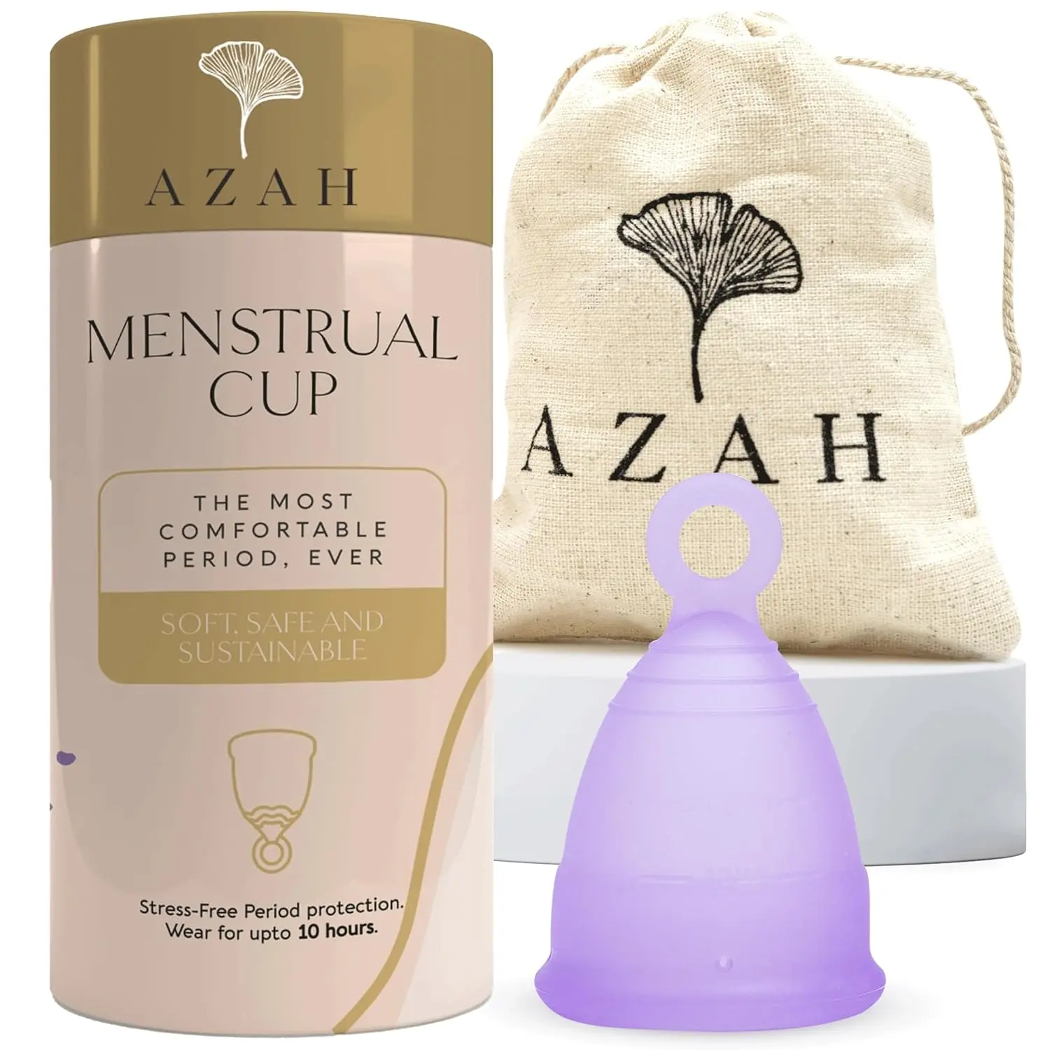 Azah large size menstrual cup made with medical-grade silicone for women over 30, offering odor and rash-free protection for up to 10 hours.