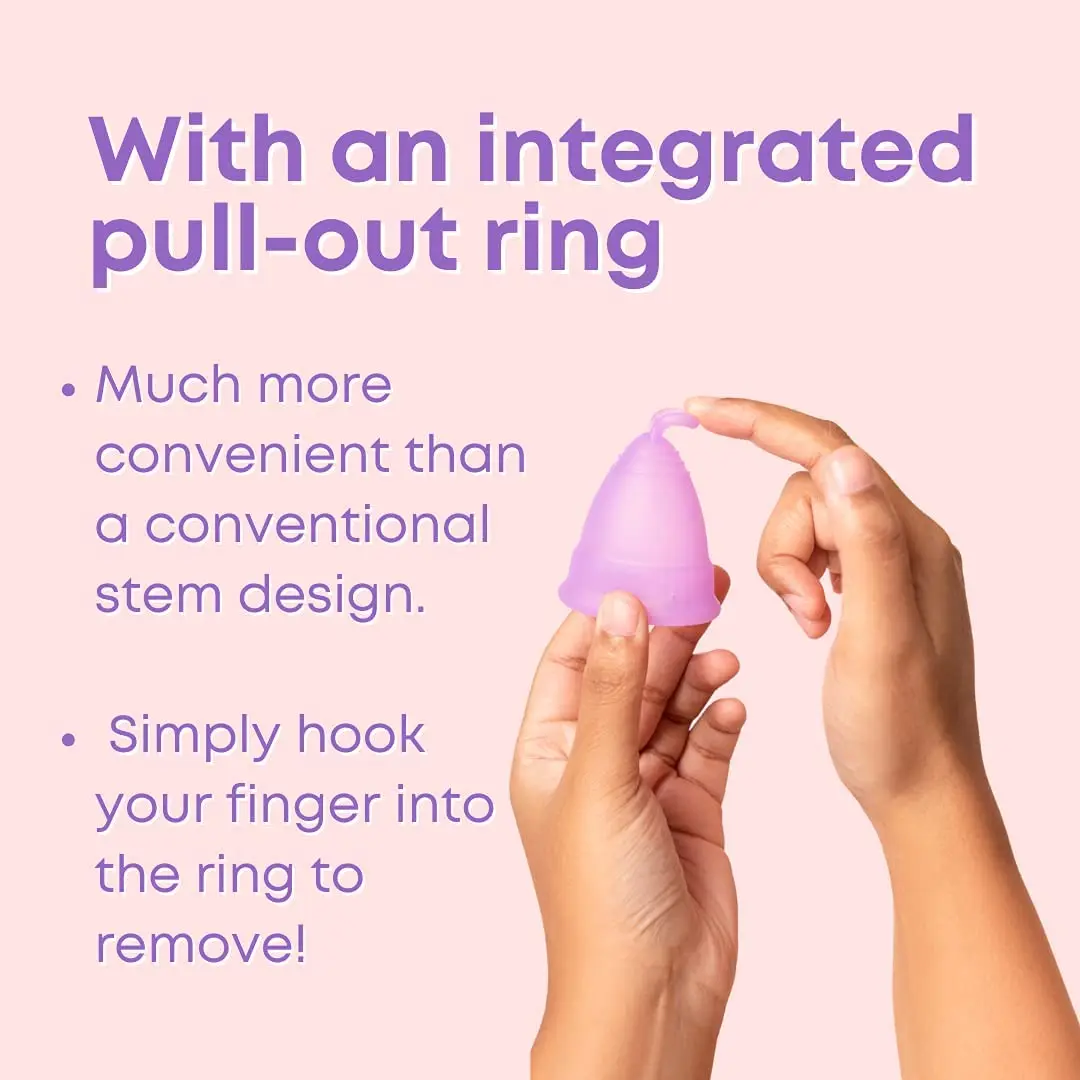 Azah large size menstrual cup made with medical-grade silicone for women over 30, offering odor and rash-free protection for up to 10 hours.