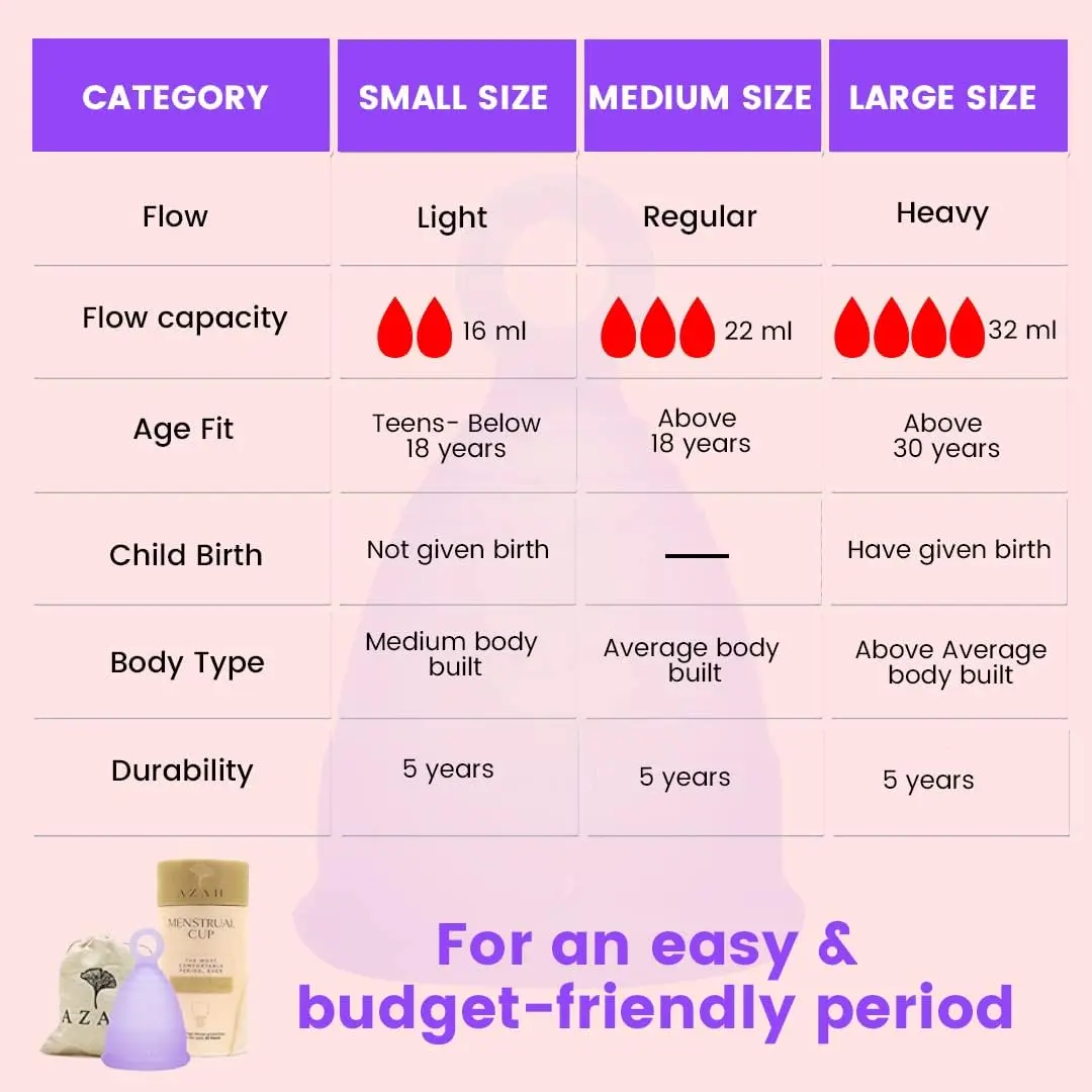 Azah large size menstrual cup made with medical-grade silicone for women over 30, offering odor and rash-free protection for up to 10 hours.