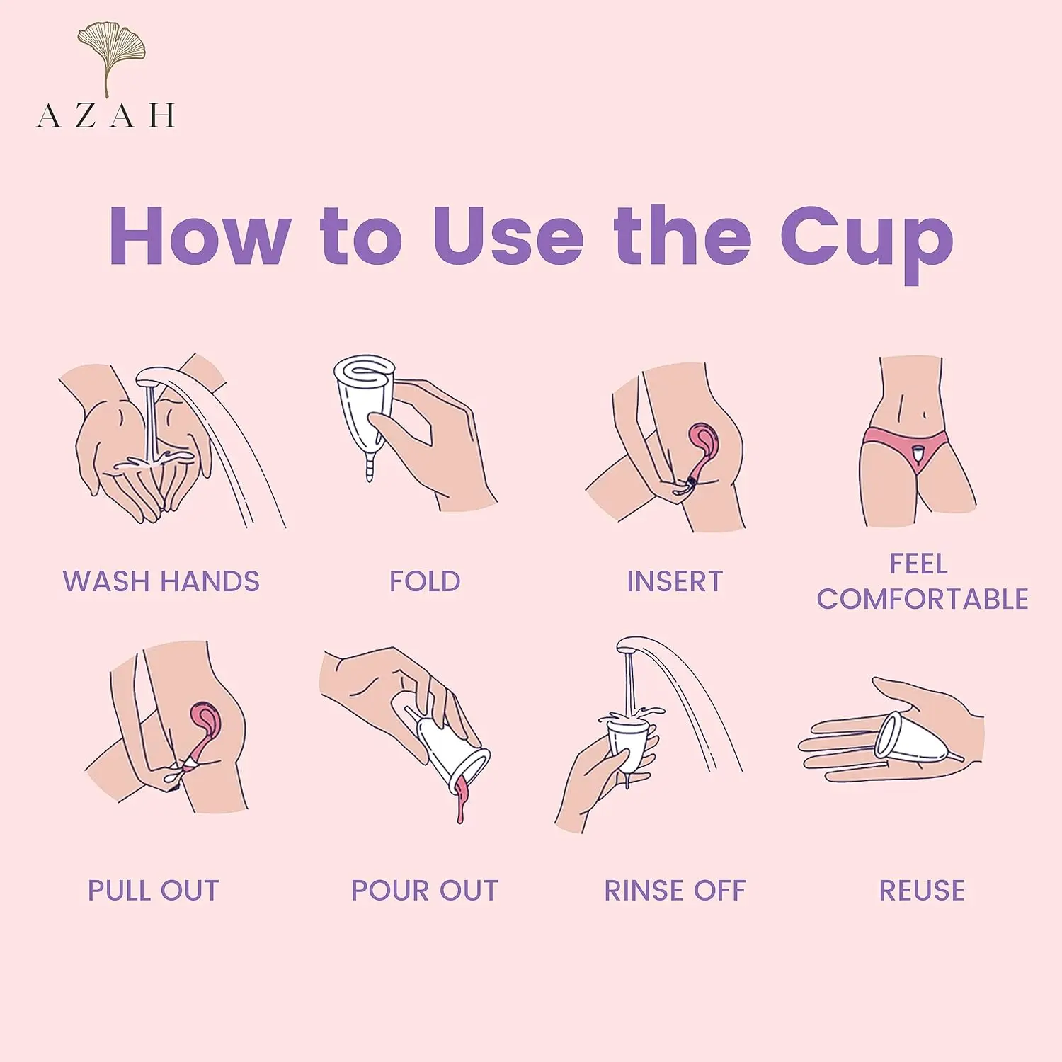 Azah large size menstrual cup made with medical-grade silicone for women over 30, offering odor and rash-free protection for up to 10 hours.