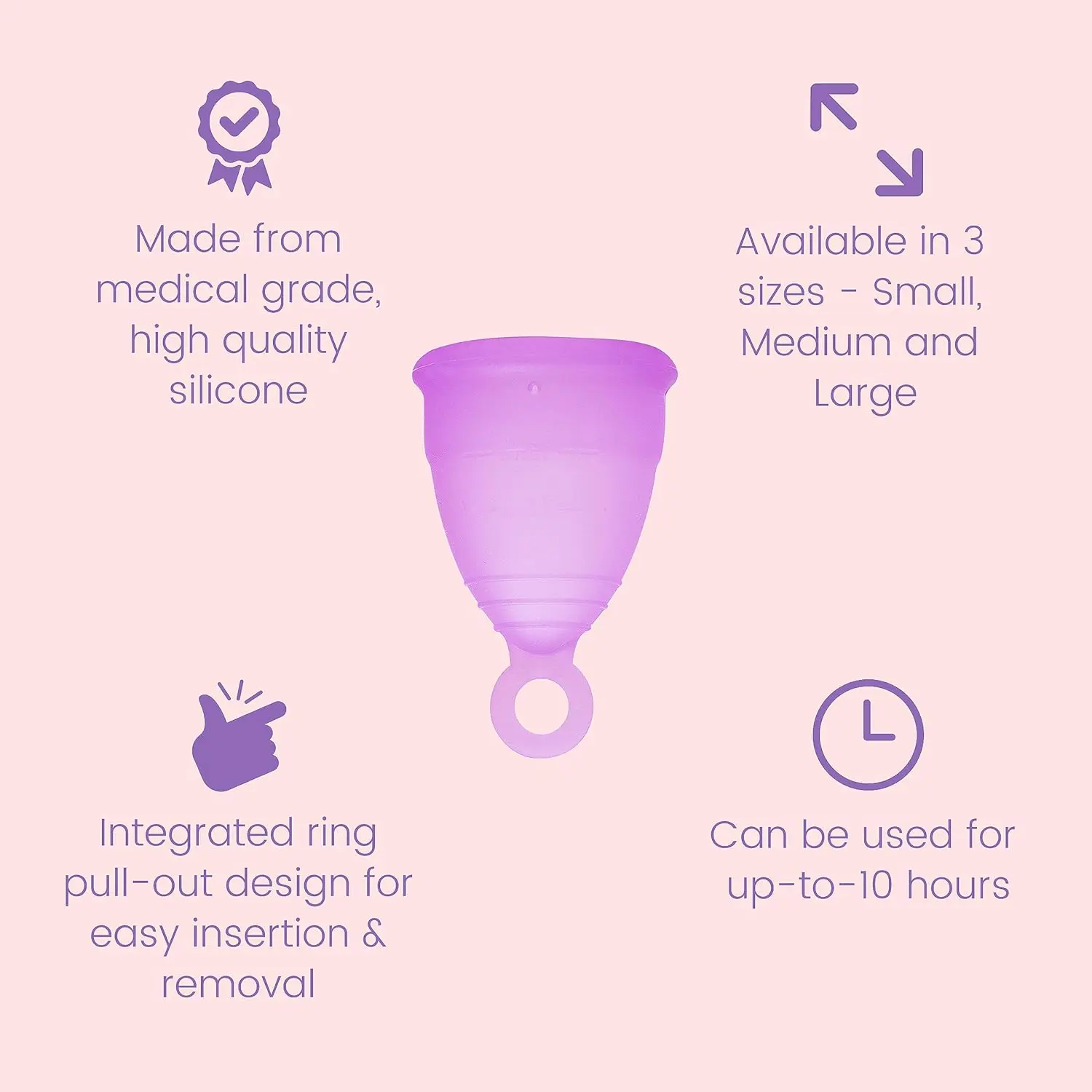 Azah large size menstrual cup made with medical-grade silicone for women over 30, offering odor and rash-free protection for up to 10 hours.