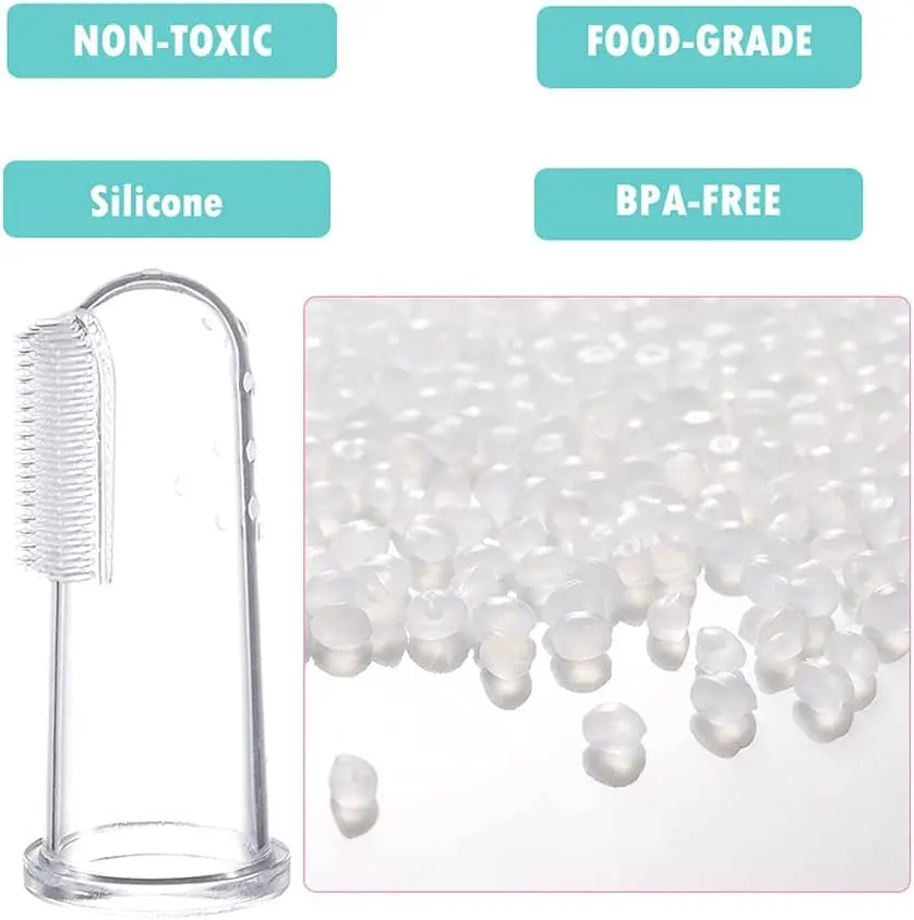 This baby finger toothbrush is made of soft, BPA-free silicone and is perfect for cleaning infant and toddler teeth while also massaging gums to relieve teething discomfort.