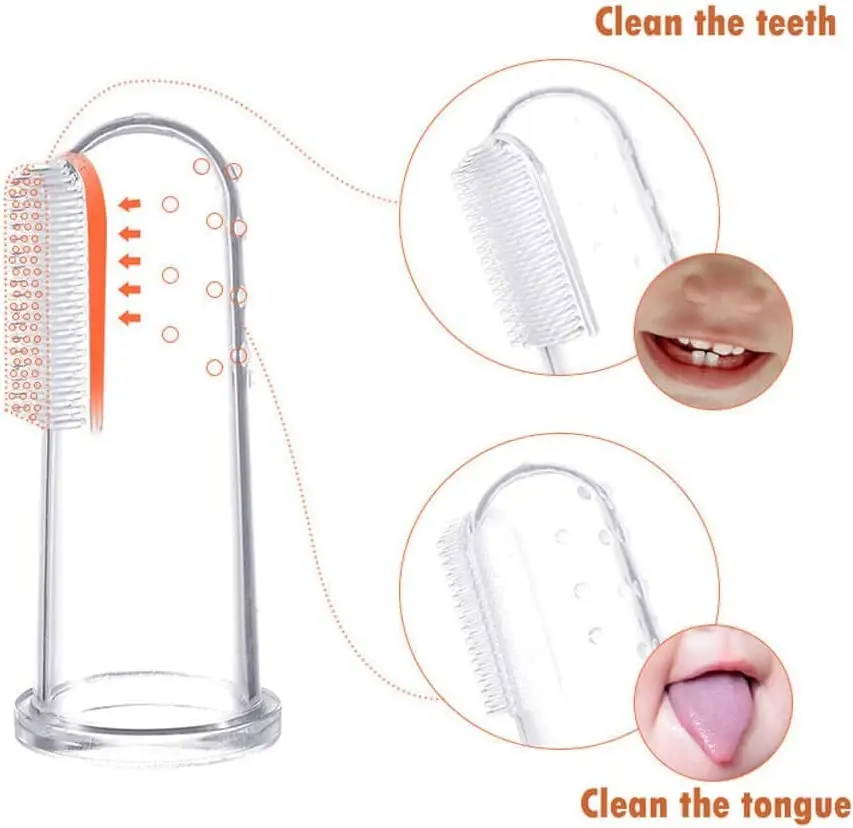 This baby finger toothbrush is made of soft, BPA-free silicone and is perfect for cleaning infant and toddler teeth while also massaging gums to relieve teething discomfort.