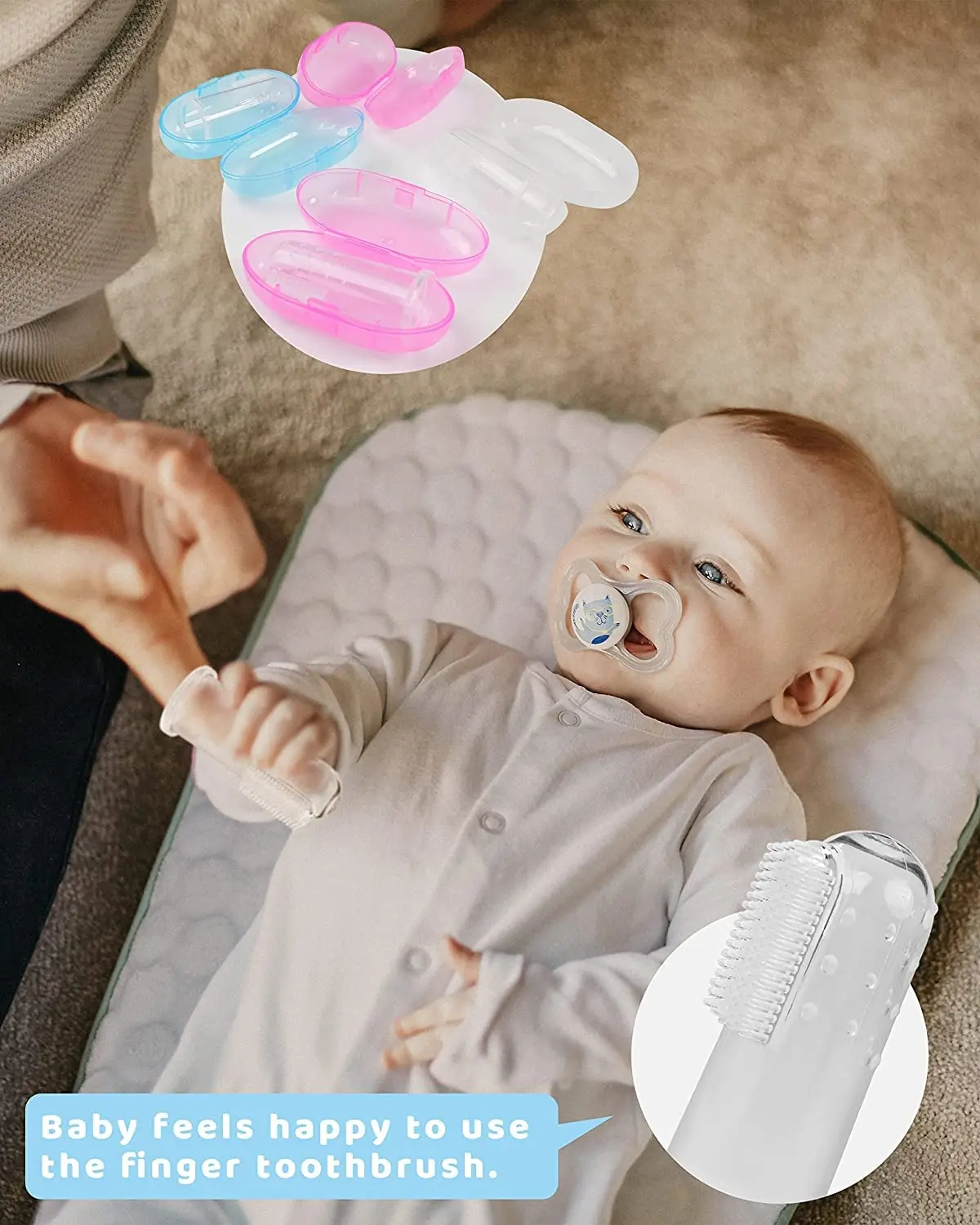 This baby finger toothbrush is made of soft, BPA-free silicone and is perfect for cleaning infant and toddler teeth while also massaging gums to relieve teething discomfort.