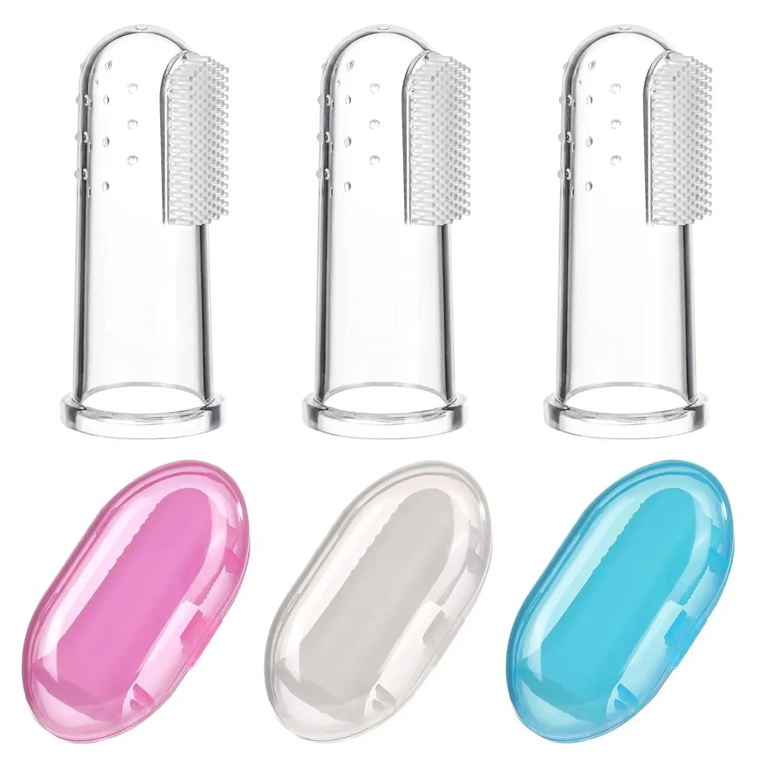This set includes three soft silicone baby finger toothbrushes designed for infants and toddlers to gently clean their teeth, massage their gums, and promote healthy oral habits.