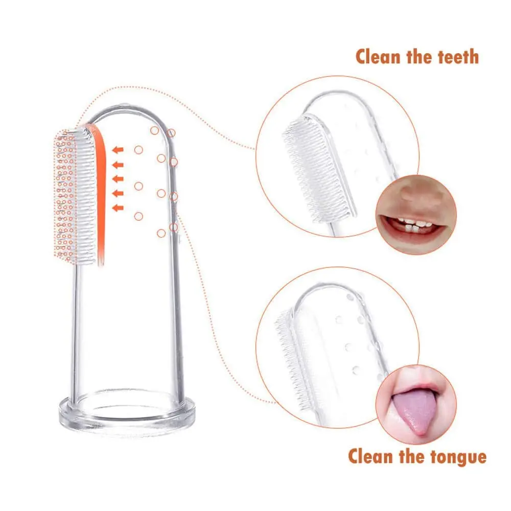 This set includes three soft silicone baby finger toothbrushes designed for infants and toddlers to gently clean their teeth, massage their gums, and promote healthy oral habits.