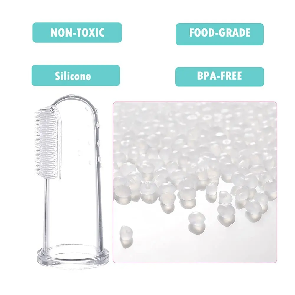 This set includes three soft silicone baby finger toothbrushes designed for infants and toddlers to gently clean their teeth, massage their gums, and promote healthy oral habits.