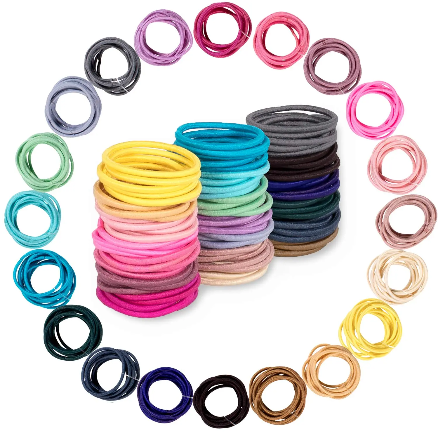 A collection of 200 small, colorful hair ties in about 20 different colors, perfect for creating ponytails and hairstyles for babies, toddlers, and little girls.