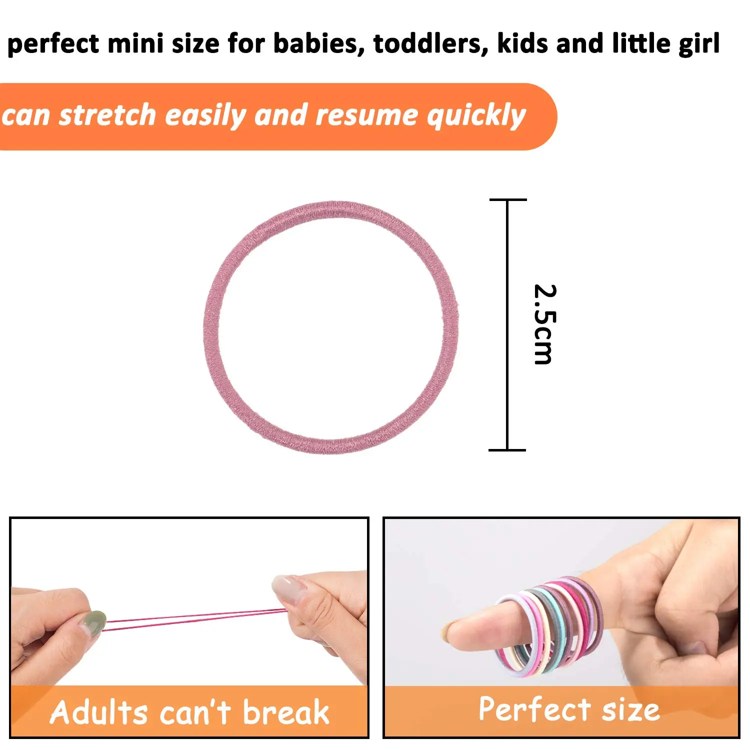 A collection of 200 small, colorful hair ties in about 20 different colors, perfect for creating ponytails and hairstyles for babies, toddlers, and little girls.