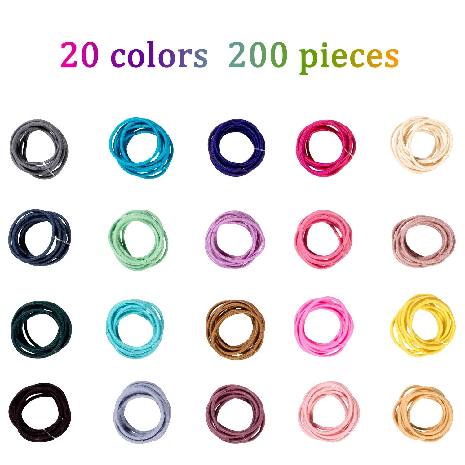 A collection of 200 small, colorful hair ties in about 20 different colors, perfect for creating ponytails and hairstyles for babies, toddlers, and little girls.