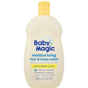 Baby Magic gentle hair and body wash with calendula and shea butter for sensitive skin, leaving a soft powder scent.