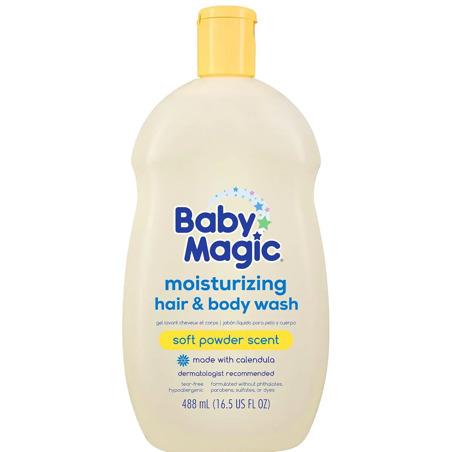 Baby Magic gentle hair and body wash with calendula and shea butter for sensitive skin, leaving a soft powder scent.