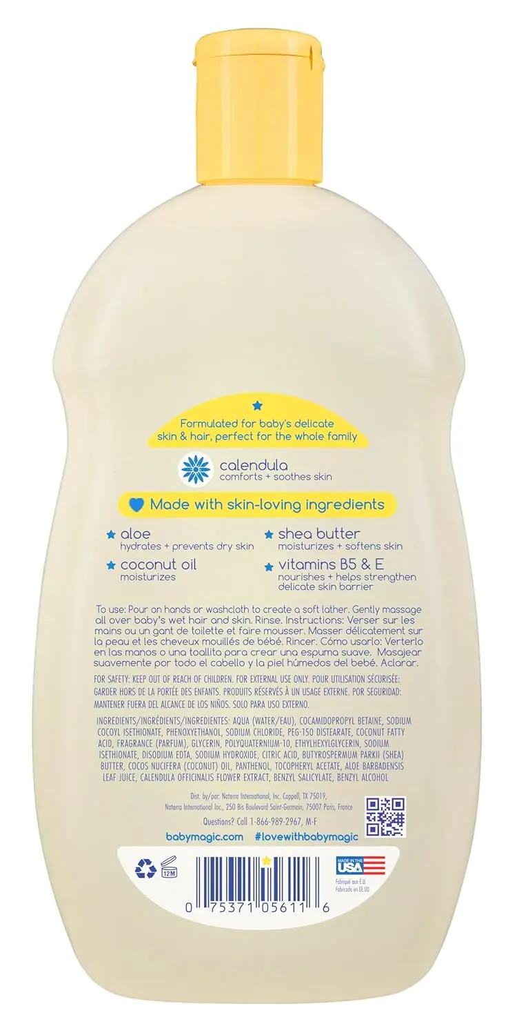 Baby Magic gentle hair and body wash with calendula and shea butter for sensitive skin, leaving a soft powder scent.