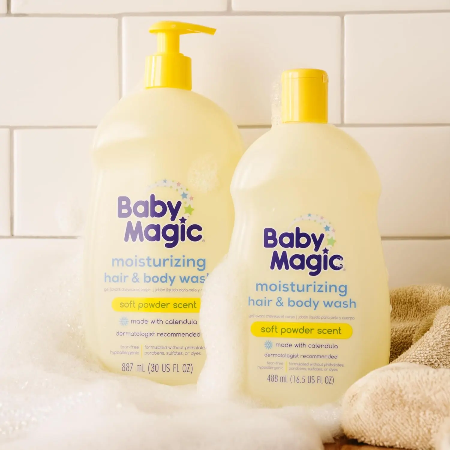 Baby Magic gentle hair and body wash with calendula and shea butter for sensitive skin, leaving a soft powder scent.