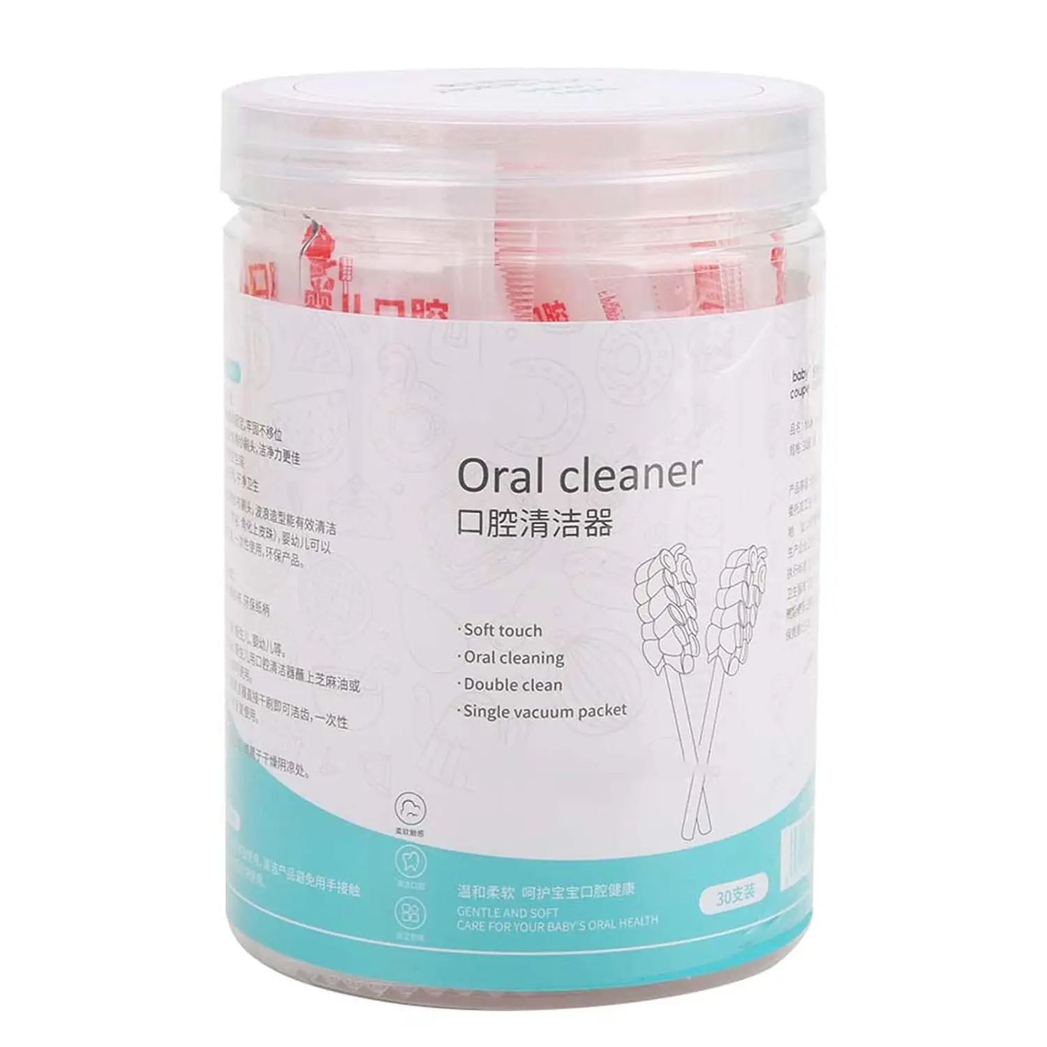 This baby oral cleaner features a pure cotton, wavy brush head designed to gently and effectively clean a baby's delicate mouth, promoting early oral health habits for infants aged 0-3 years with its eco-friendly paper shaft handle.