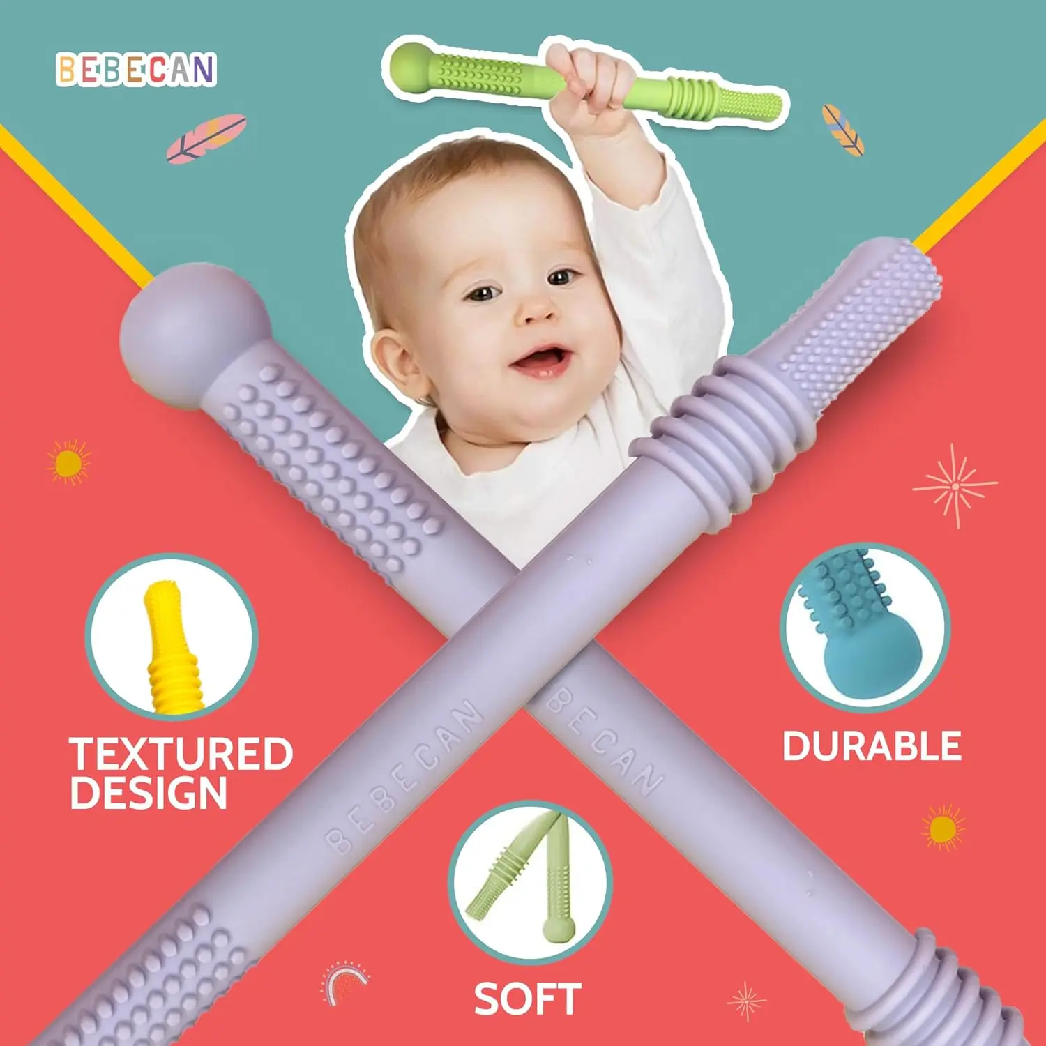 These super soft silicone teething sticks in vibrant colors provide instant oral relief for teething babies aged 0-36 months, soothing tender gums and supporting healthy oral habits.