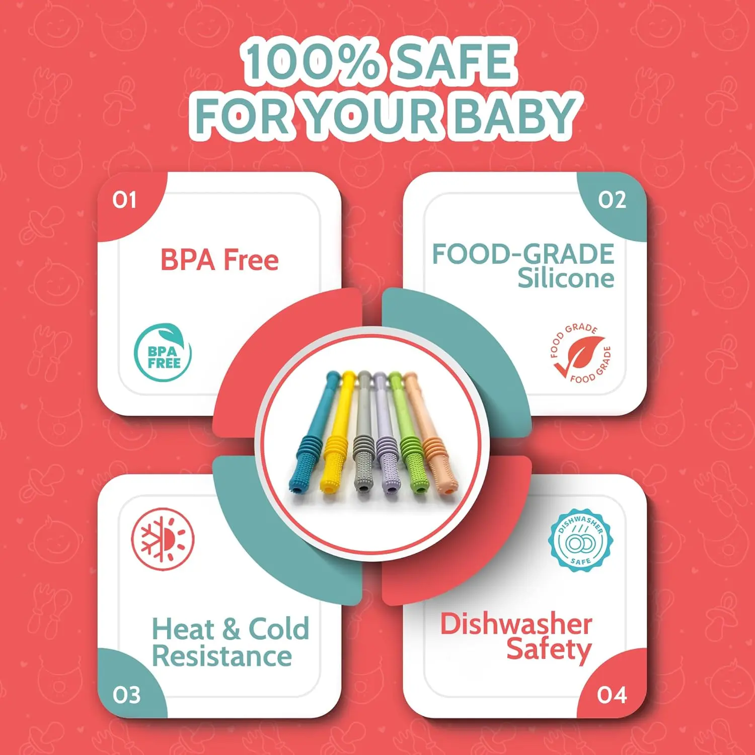 These super soft silicone teething sticks in vibrant colors provide instant oral relief for teething babies aged 0-36 months, soothing tender gums and supporting healthy oral habits.