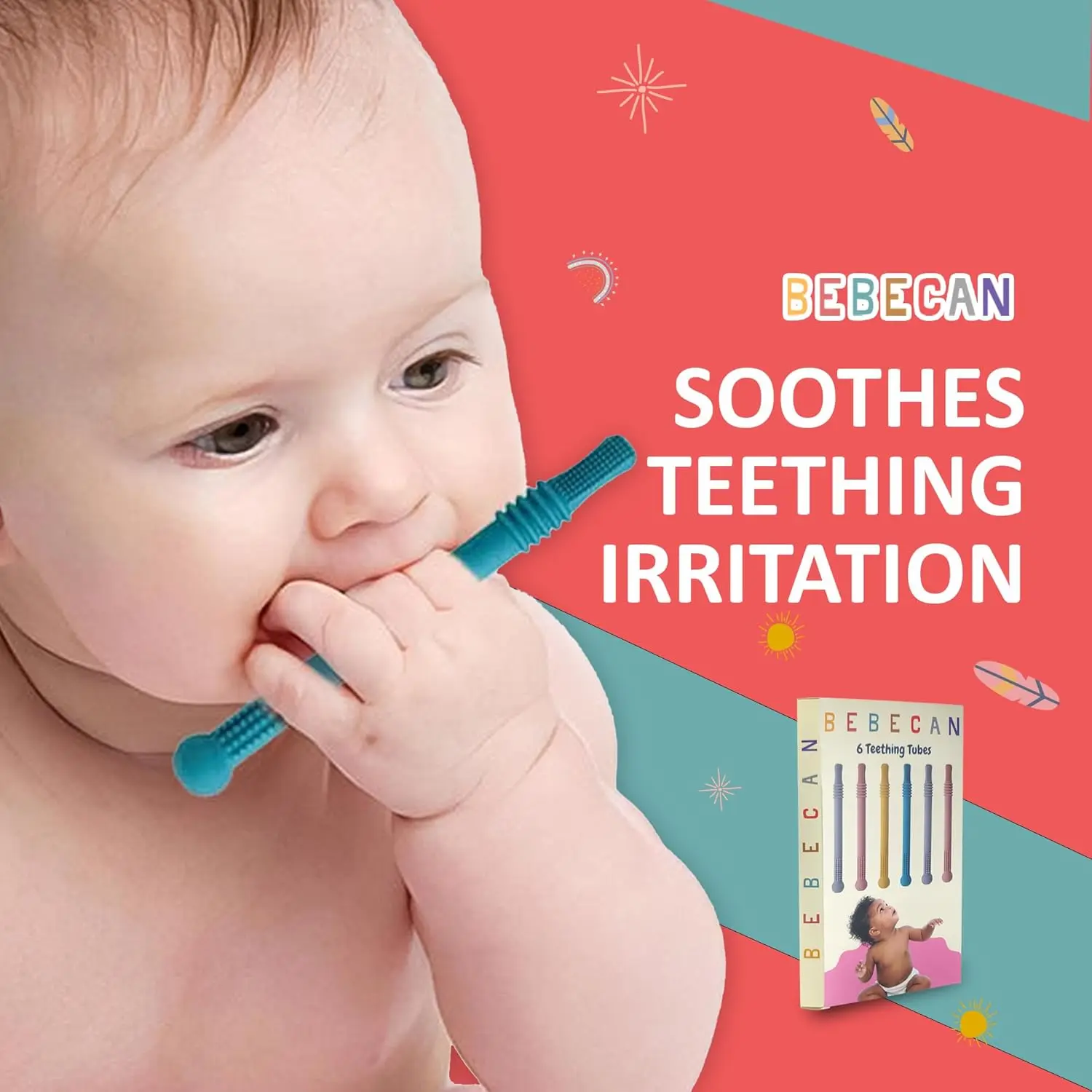These super soft silicone teething sticks in vibrant colors provide instant oral relief for teething babies aged 0-36 months, soothing tender gums and supporting healthy oral habits.