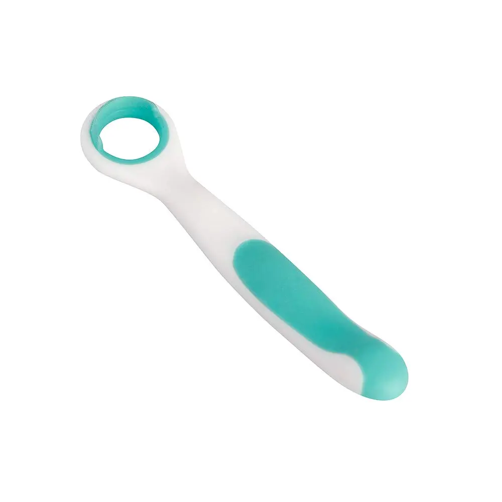 A HealthAndYoga baby tongue cleaner with a soft circle ring gently cleans a baby's tongue, removing milk residues for maintaining optimal oral hygiene.