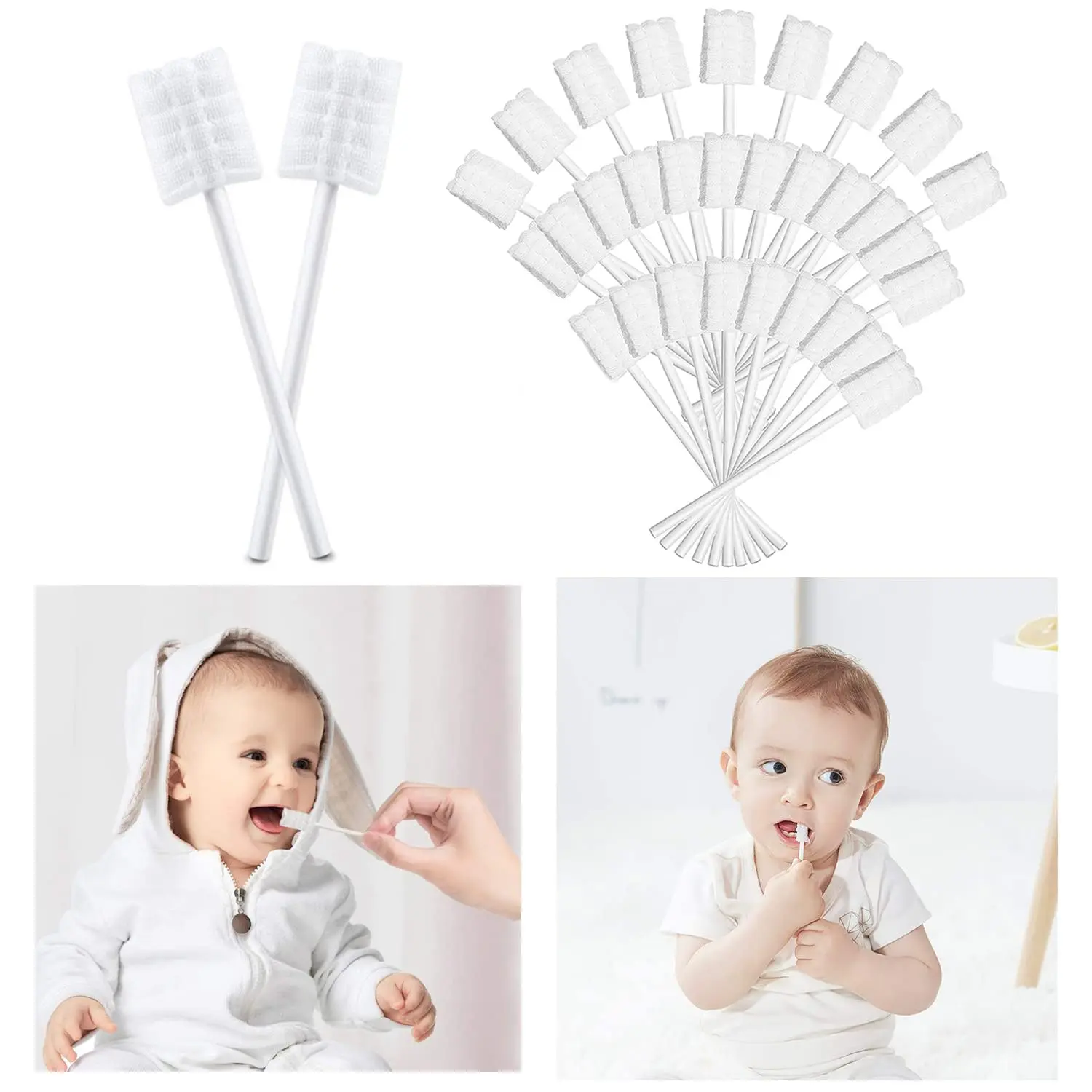 This image shows a pack of 30 disposable baby tongue cleaners, individually wrapped for sterile infant oral care.