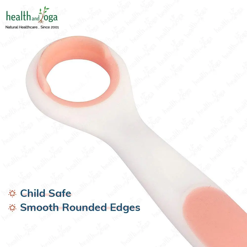 A HealthAndYoga baby tongue cleaner with a soft circle ring gently cleans a baby's tongue, removing milk residues for maintaining optimal oral hygiene.