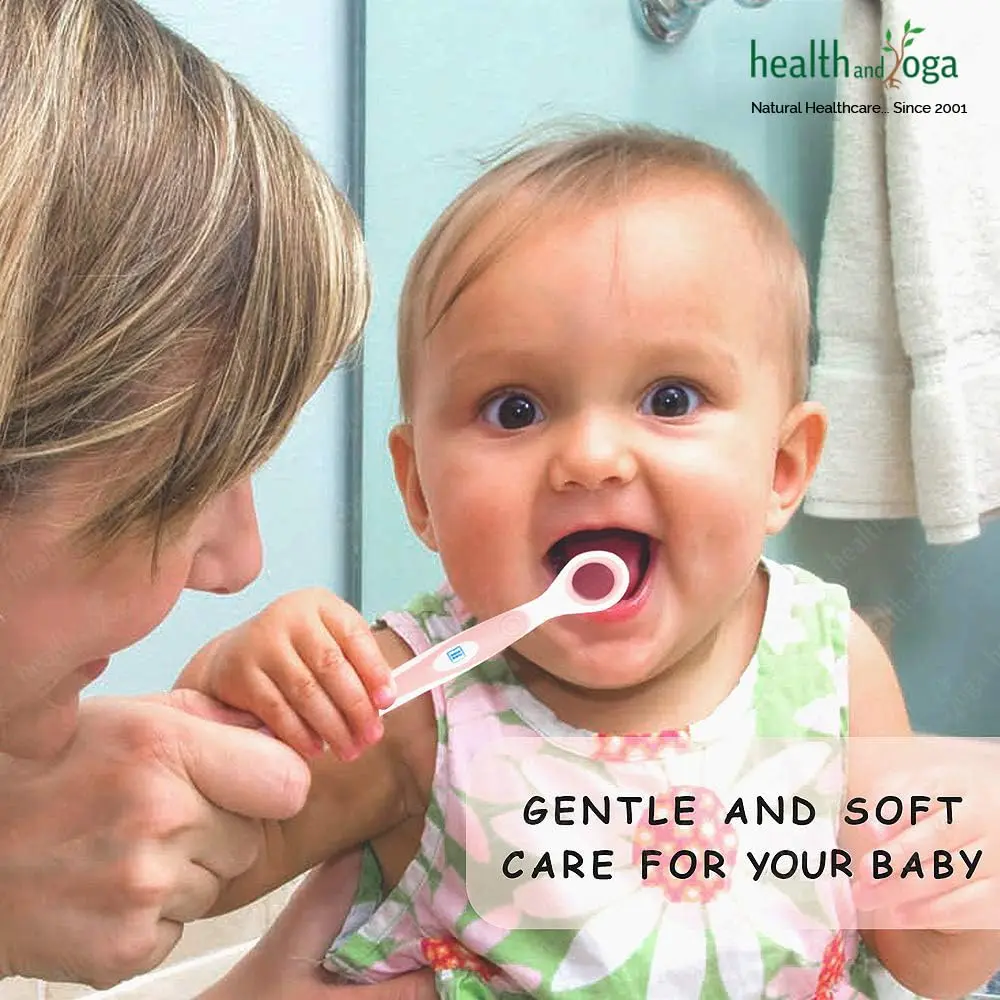 A HealthAndYoga baby tongue cleaner with a soft circle ring gently cleans a baby's tongue, removing milk residues for maintaining optimal oral hygiene.