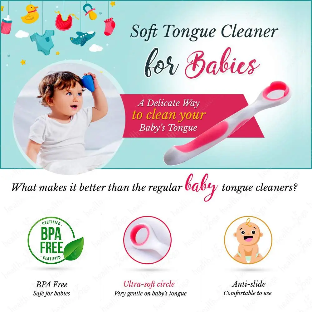 A HealthAndYoga baby tongue cleaner with a soft circle ring gently cleans a baby's tongue, removing milk residues for maintaining optimal oral hygiene.