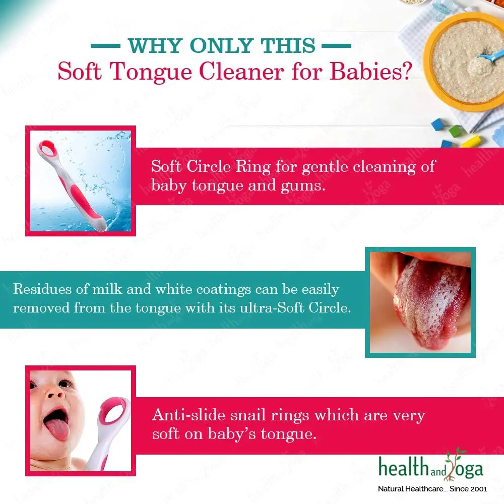 A HealthAndYoga baby tongue cleaner with a soft circle ring gently cleans a baby's tongue, removing milk residues for maintaining optimal oral hygiene.
