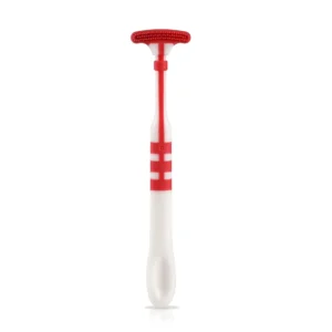 A multicoloured Luv Lap baby tongue cleaner brush with an easy-to-hold handle to help develop healthy oral care training for kids 18 months and older, featuring a soft rubber scraper for effectively cleaning the tongue and removing food debris.