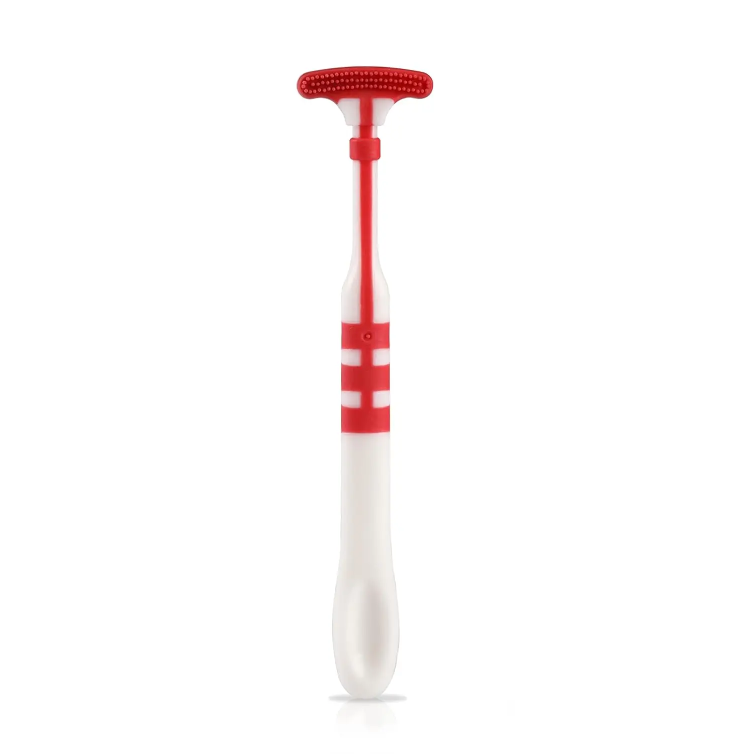 A multicoloured Luv Lap baby tongue cleaner brush with an easy-to-hold handle to help develop healthy oral care training for kids 18 months and older, featuring a soft rubber scraper for effectively cleaning the tongue and removing food debris.