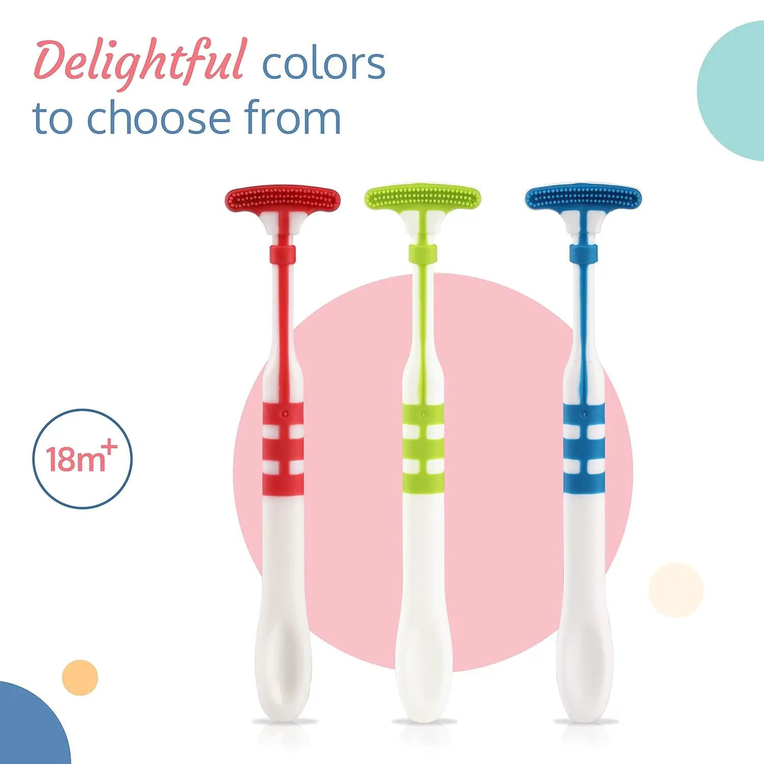 A multicoloured Luv Lap baby tongue cleaner brush with an easy-to-hold handle to help develop healthy oral care training for kids 18 months and older, featuring a soft rubber scraper for effectively cleaning the tongue and removing food debris.