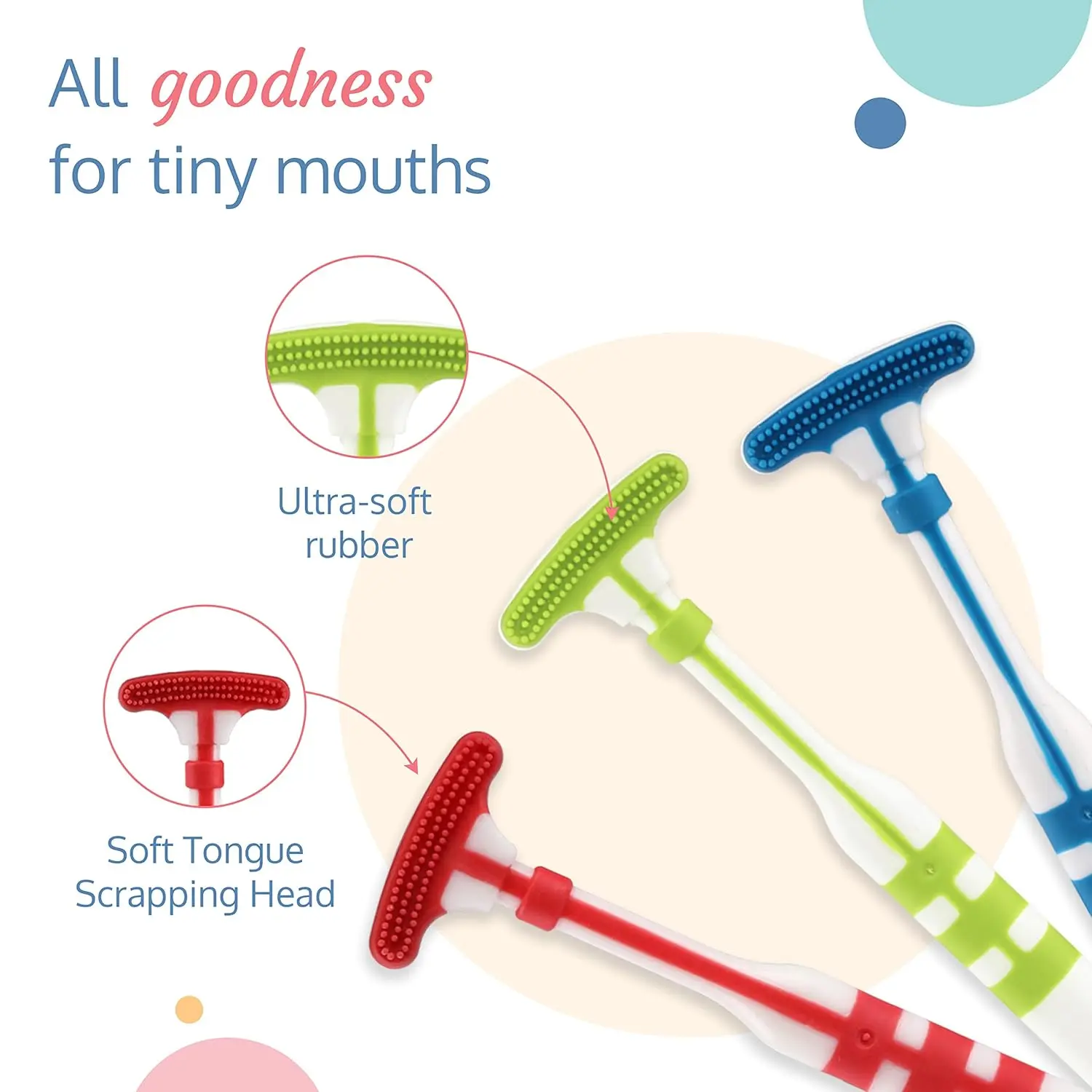 A multicoloured Luv Lap baby tongue cleaner brush with an easy-to-hold handle to help develop healthy oral care training for kids 18 months and older, featuring a soft rubber scraper for effectively cleaning the tongue and removing food debris.