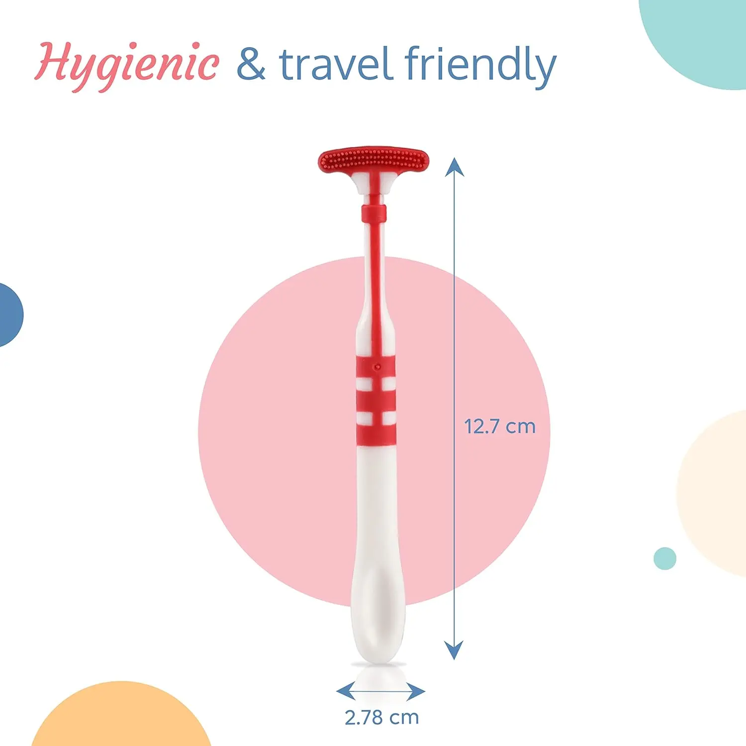 A multicoloured Luv Lap baby tongue cleaner brush with an easy-to-hold handle to help develop healthy oral care training for kids 18 months and older, featuring a soft rubber scraper for effectively cleaning the tongue and removing food debris.