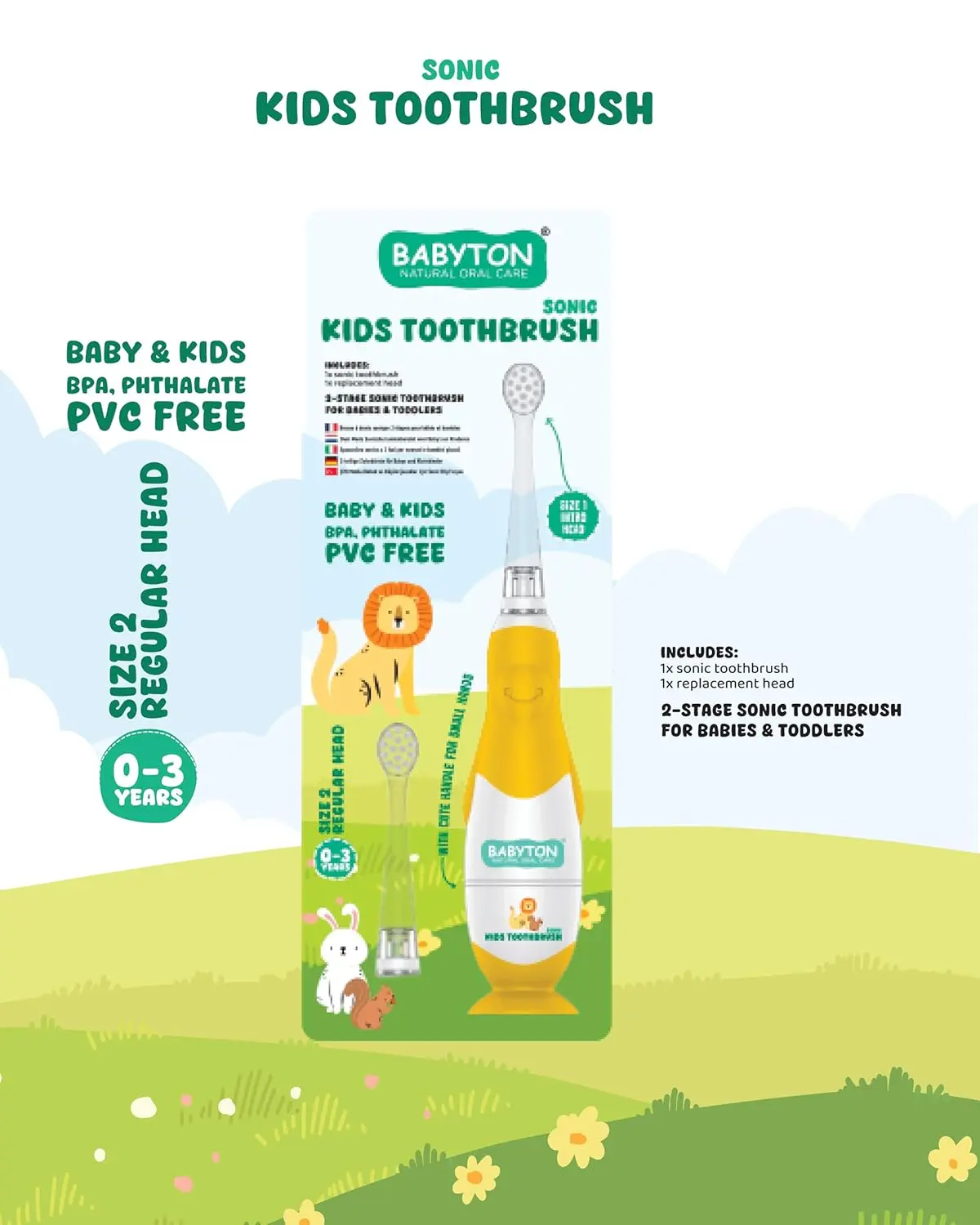 This sonic baby toothbrush with LED light and replacement head is designed for toddlers 0-3 years, featuring extra soft bristles and a food-grade silicone handle for safe and effective teeth cleaning.