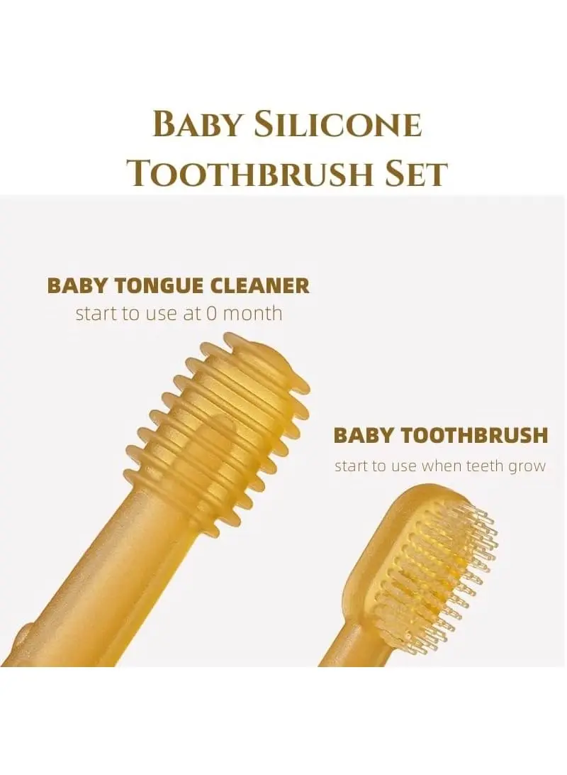 This baby toothbrush and tongue cleaner set includes a soft silicone toothbrush, tongue brush, and travel case for gentle oral care for infants 0-18 months.