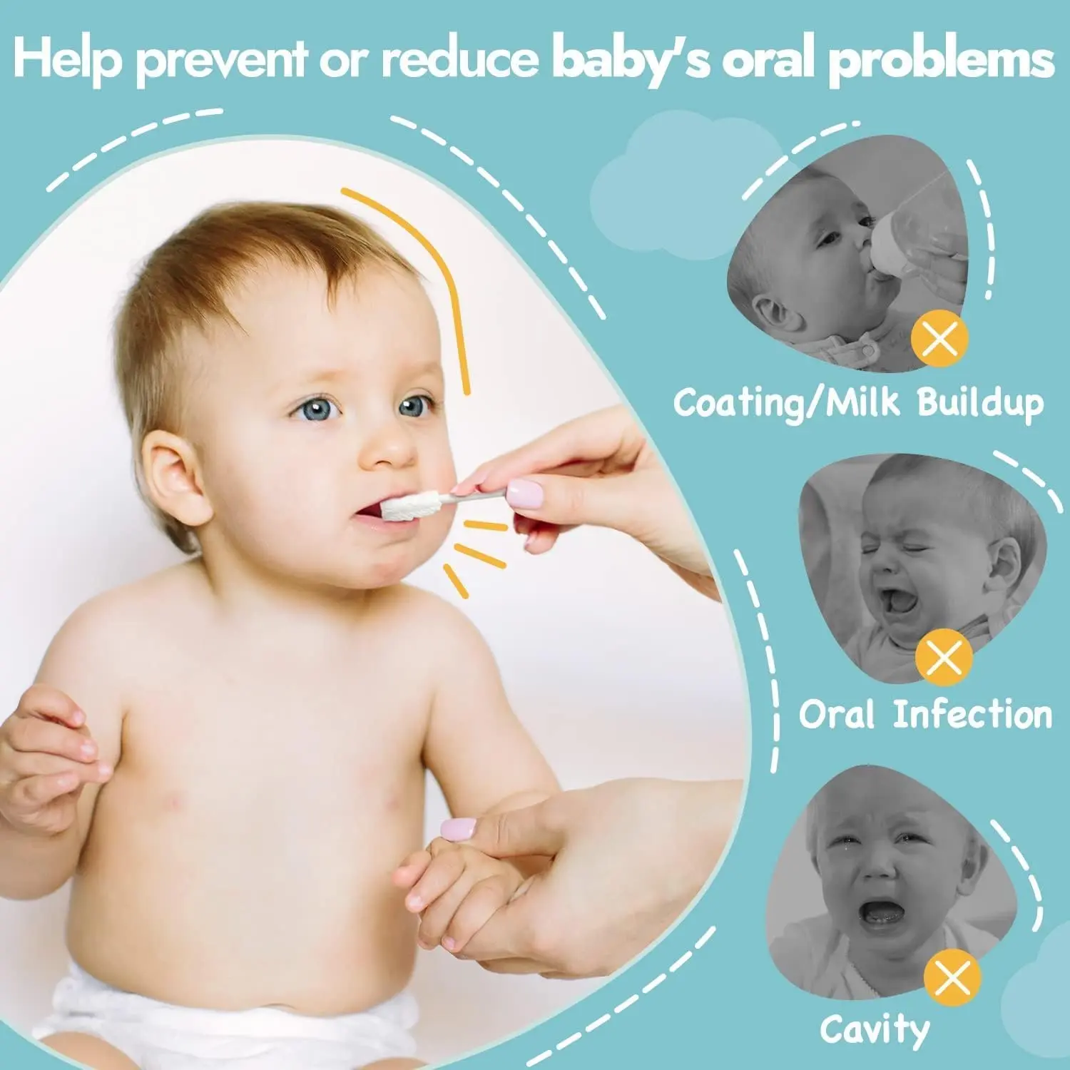 This image shows individually wrapped, disposable baby toothbrushes with soft gauze swabs, perfect for cleaning a baby's tongue and gums and maintaining oral hygiene for infants aged 0-36 months.