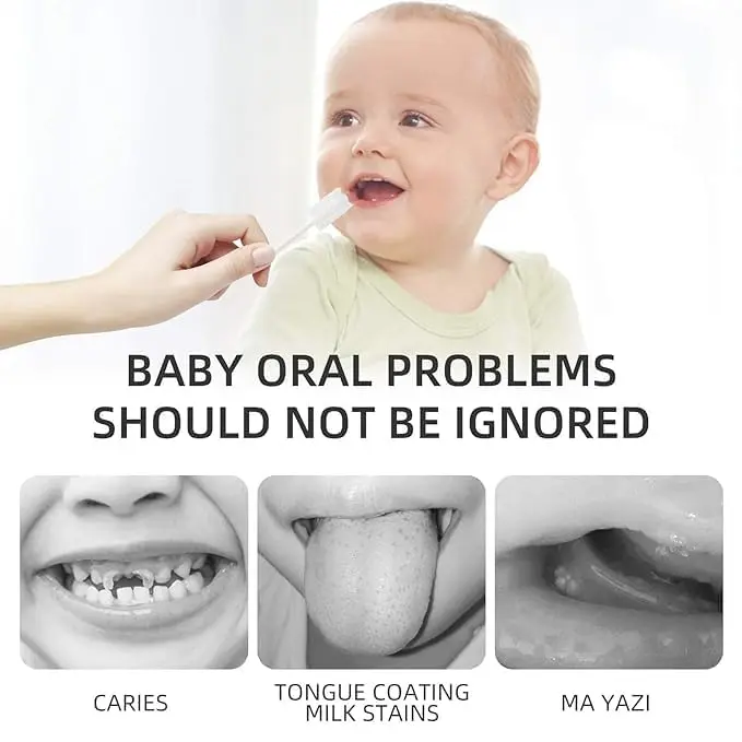 This image shows individually wrapped, disposable baby toothbrushes with soft gauze swabs, perfect for cleaning a baby's tongue and gums and maintaining oral hygiene for infants aged 0-36 months.