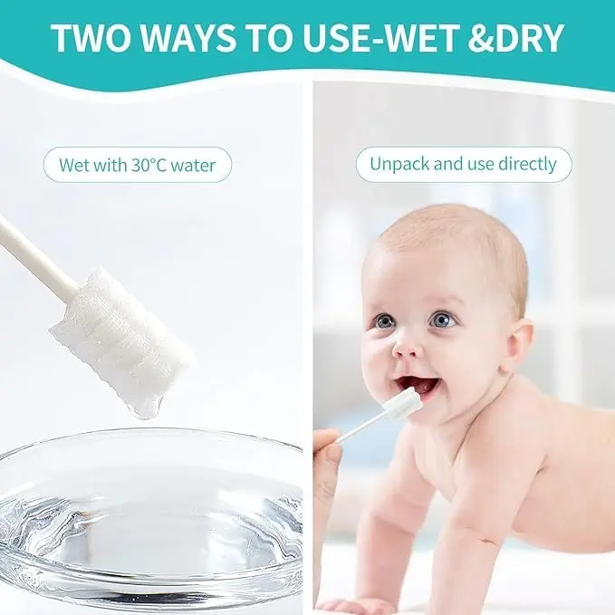 This image shows individually wrapped, disposable baby toothbrushes with soft gauze swabs, perfect for cleaning a baby's tongue and gums and maintaining oral hygiene for infants aged 0-36 months.