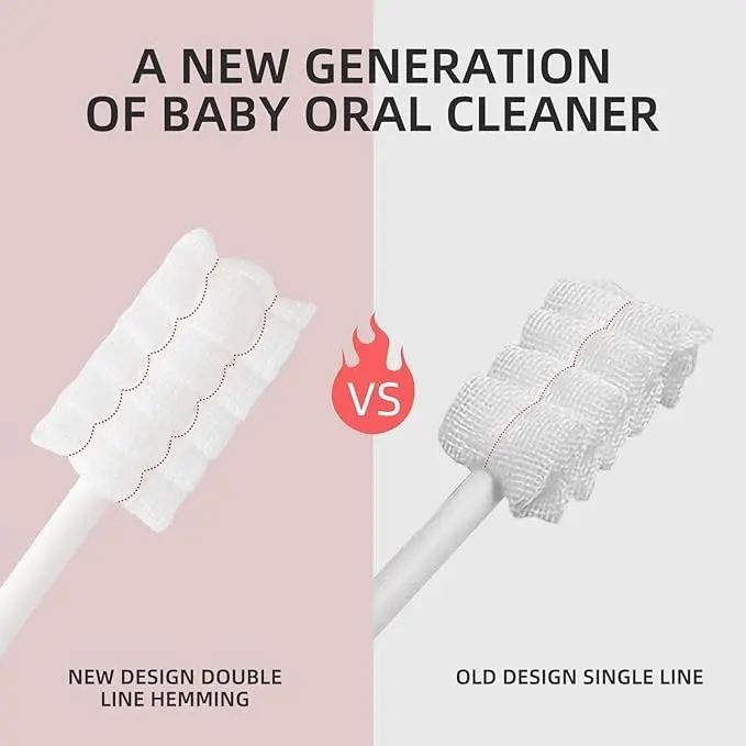 This image shows individually wrapped, disposable baby toothbrushes with soft gauze swabs, perfect for cleaning a baby's tongue and gums and maintaining oral hygiene for infants aged 0-36 months.