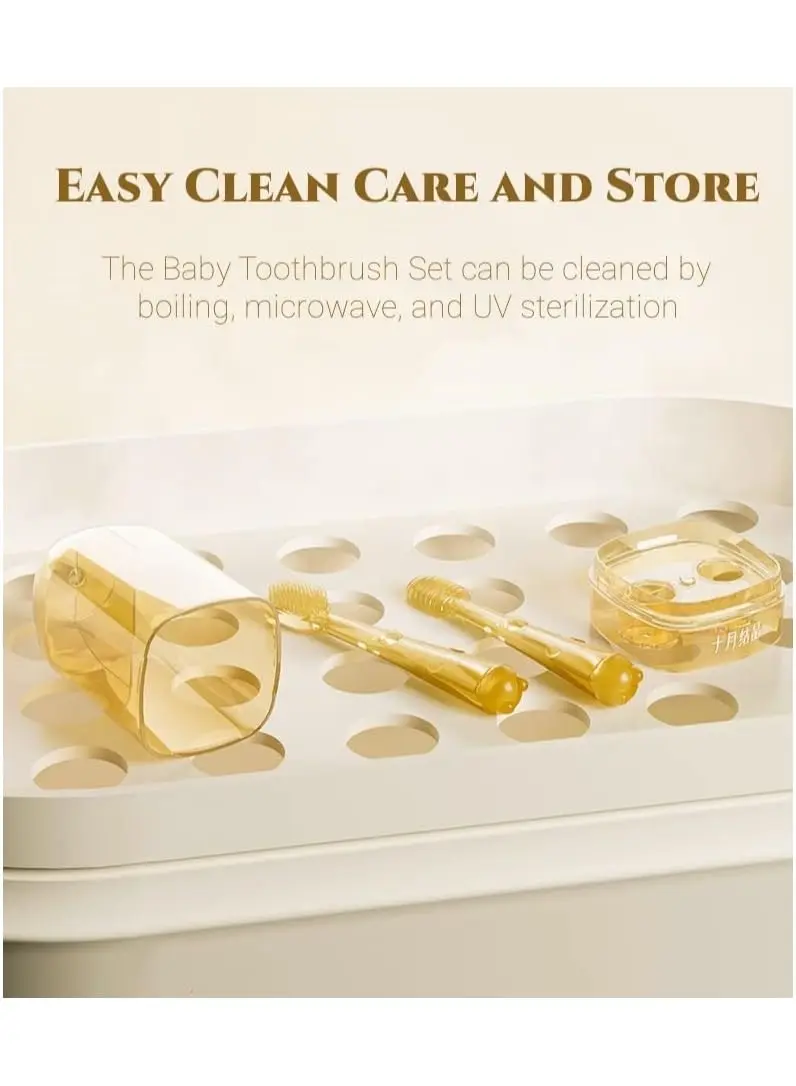 This baby toothbrush and tongue cleaner set includes a soft silicone toothbrush, tongue brush, and travel case for gentle oral care for infants 0-18 months.