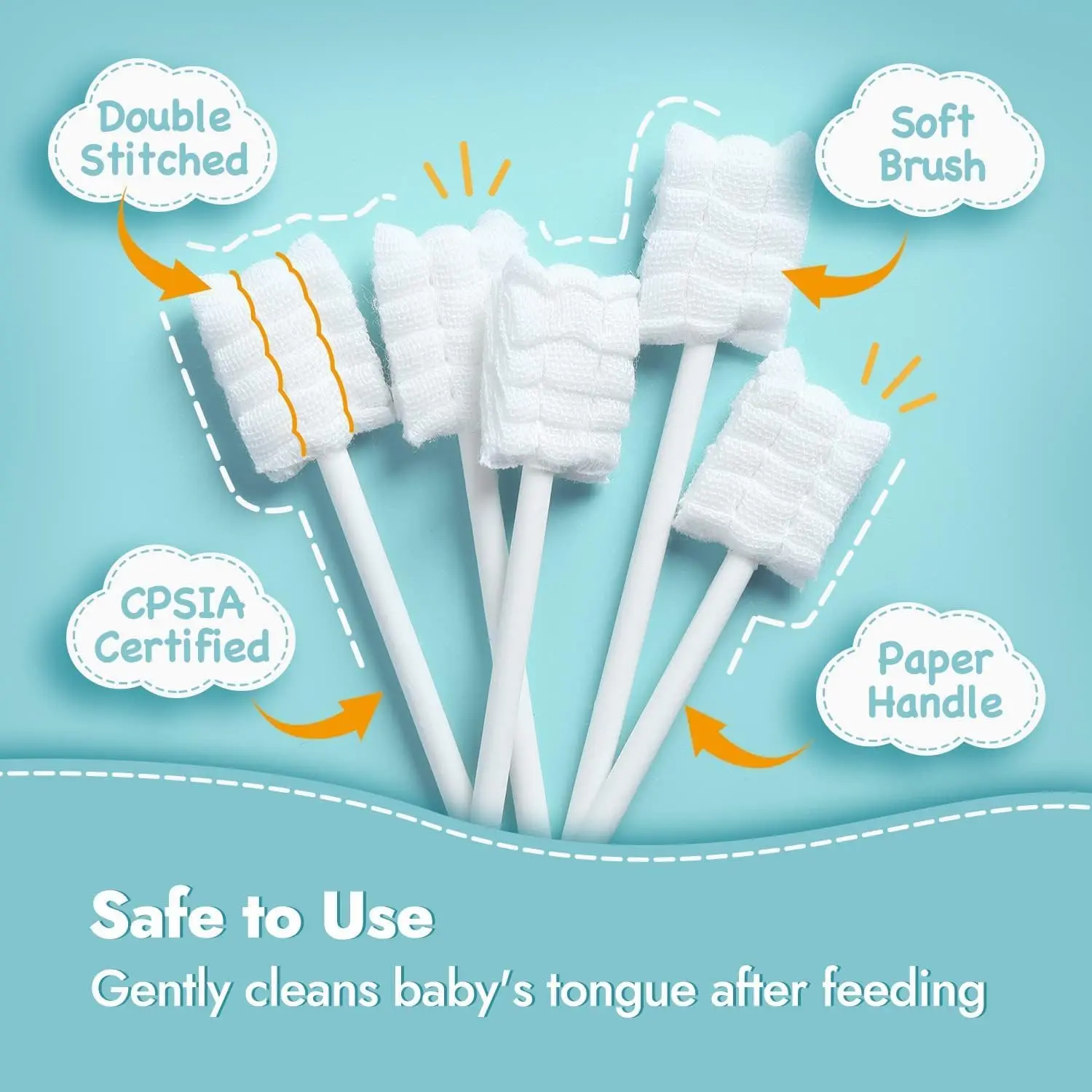 This image shows individually wrapped, disposable baby toothbrushes with soft gauze swabs, perfect for cleaning a baby's tongue and gums and maintaining oral hygiene for infants aged 0-36 months.