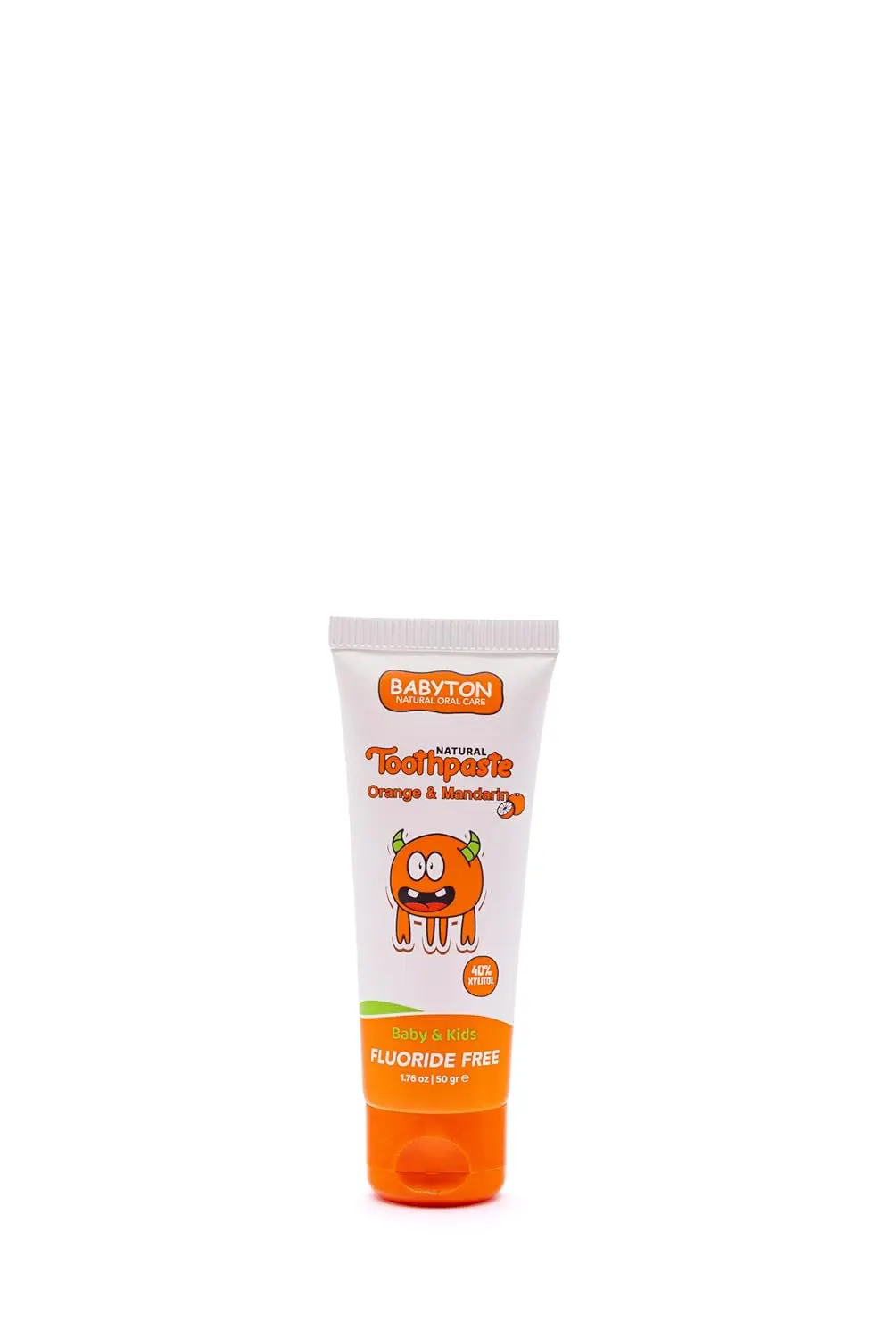 Babyton natural toothpaste with orange and mandarin flavor is safe for babies 6 months and older because it's fluoride-free, contains 40% Xylitol to help prevent cavities, and gently cleans teeth.