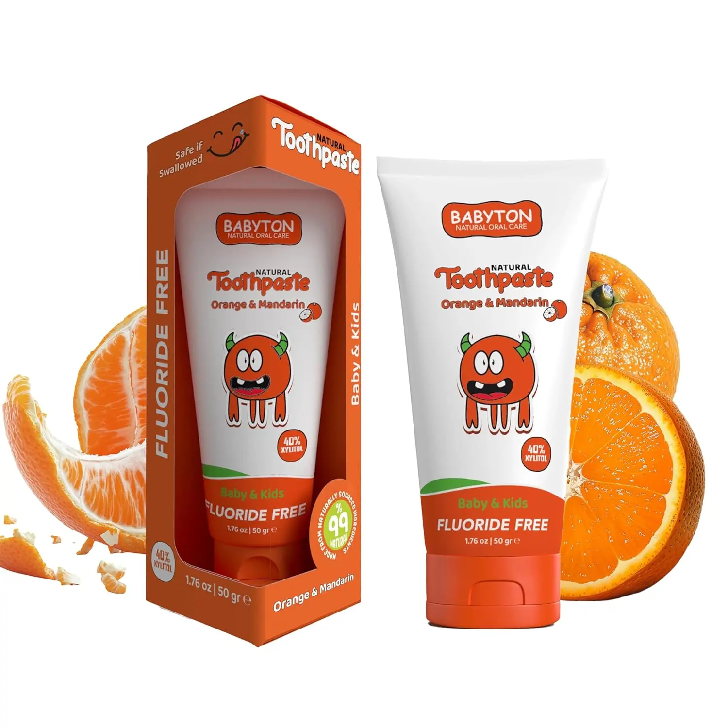 Babyton natural toothpaste with orange and mandarin flavor is safe for babies 6 months and older because it's fluoride-free, contains 40% Xylitol to help prevent cavities, and gently cleans teeth.