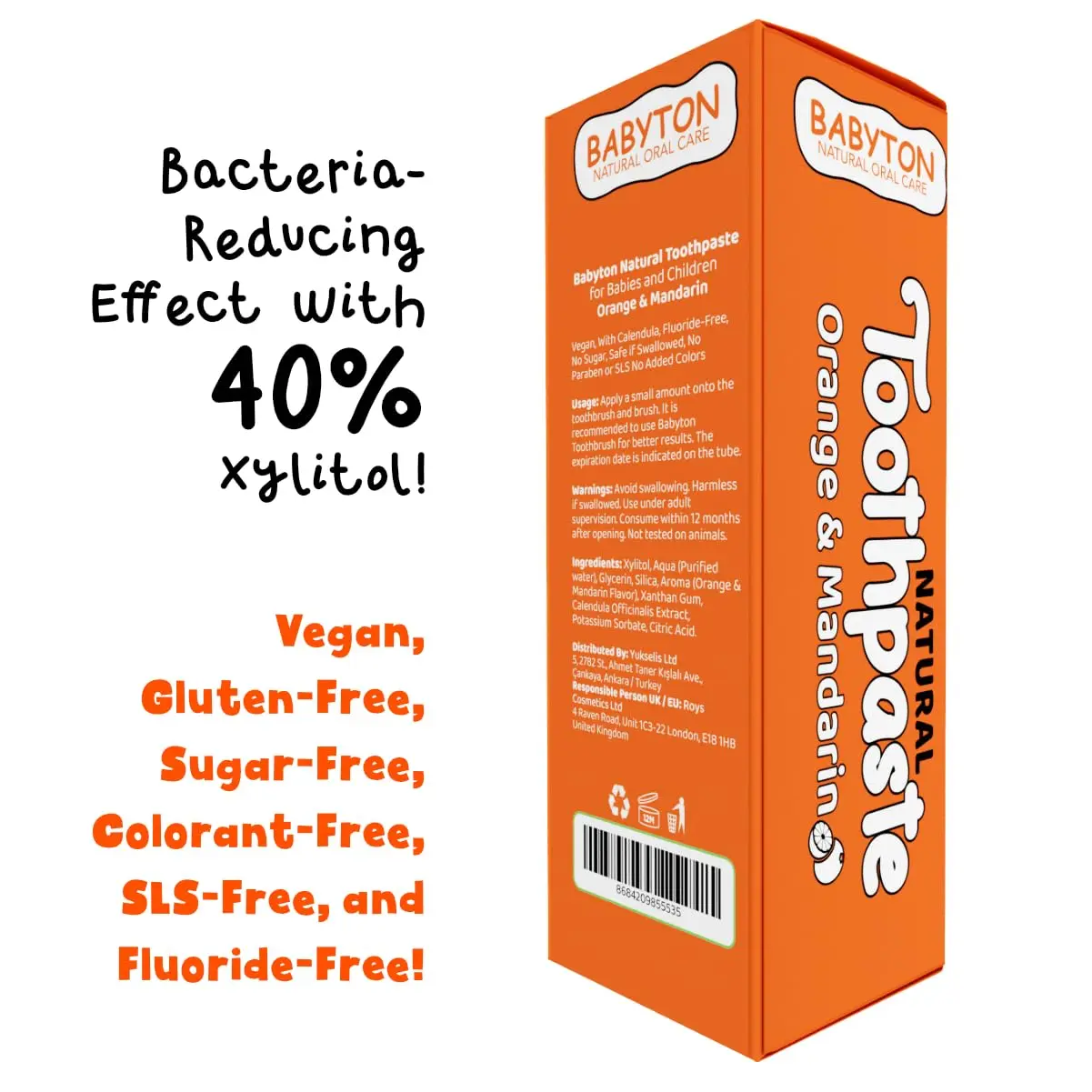 Babyton natural toothpaste with orange and mandarin flavor is safe for babies 6 months and older because it's fluoride-free, contains 40% Xylitol to help prevent cavities, and gently cleans teeth.