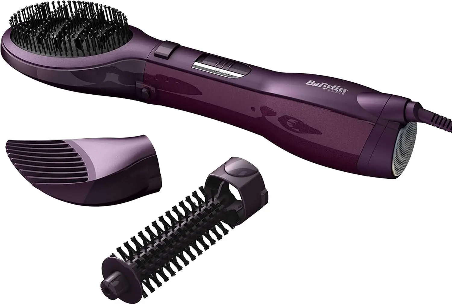 BaByliss AS115SDE paddle air brush airstyler with three attachments, featuring ionic technology and adjustable speed and temperature settings for quick drying and styling.