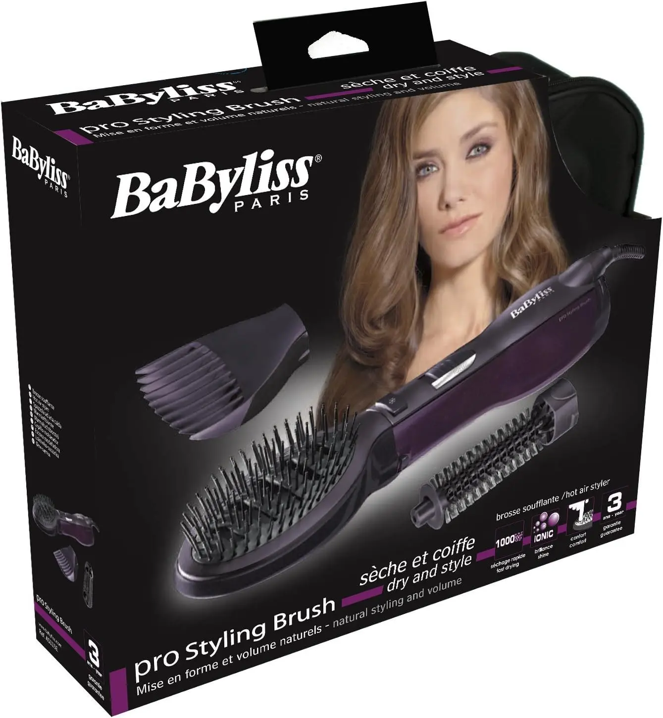 BaByliss AS115SDE paddle air brush airstyler with three attachments, featuring ionic technology and adjustable speed and temperature settings for quick drying and styling.